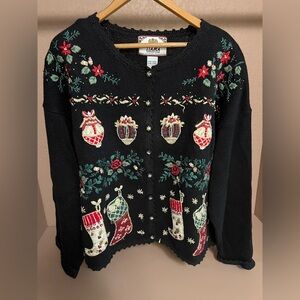 Tiara Women's Black Holiday Sweater Christmas cardigan XL